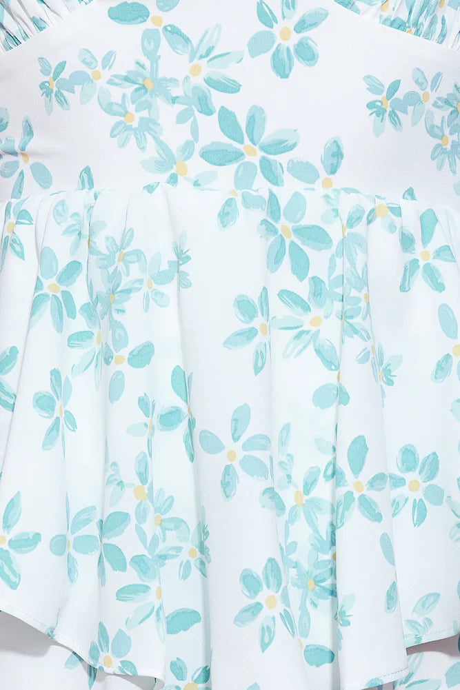 Fashion Strap Mint Floral Print V-Neck Ruffle Back Open Tie-Up Romper