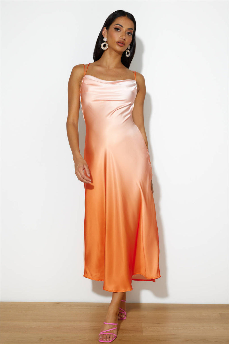 Elegant Strap Orange Watercolor Satin Maxi Dress