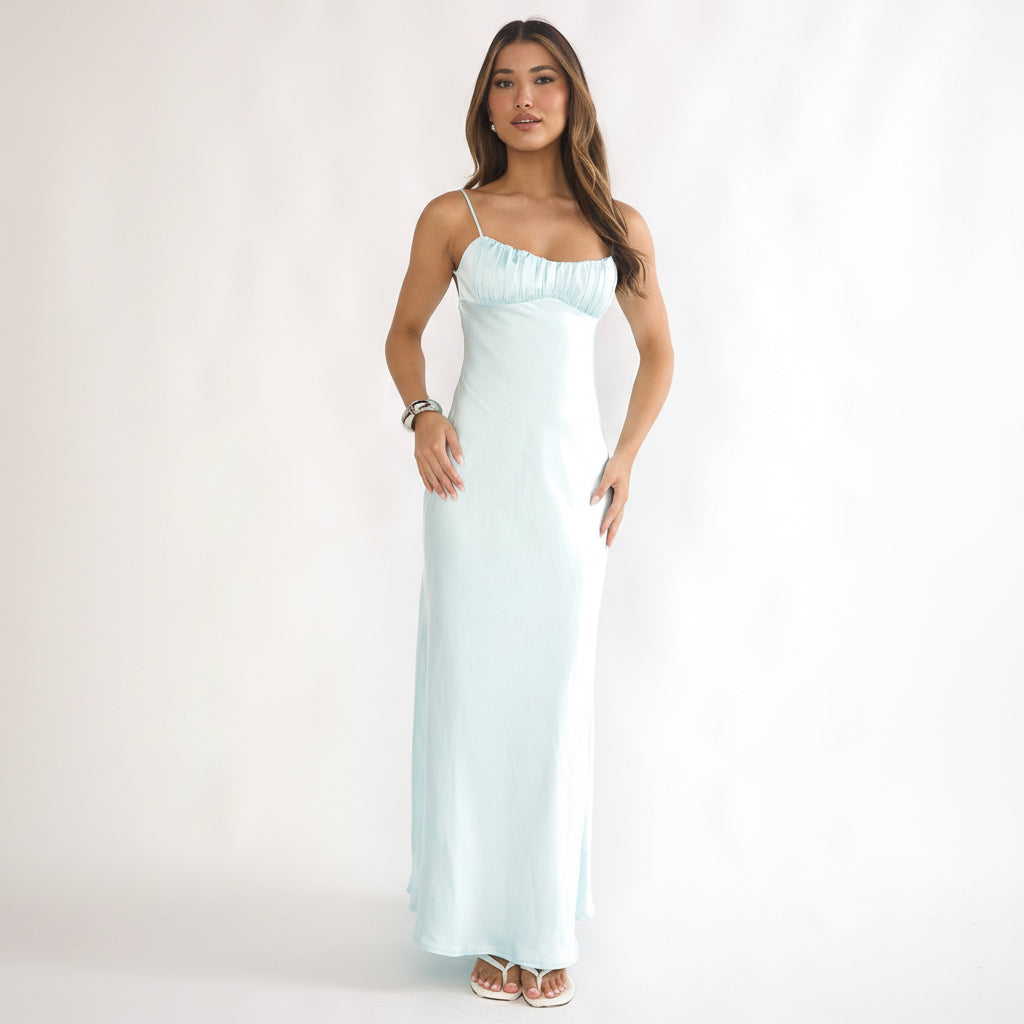 Elegant Strap Jelly Mint Satin Open Back Twist Detailed Maxi Dress EDITE MODE Elegant Strap Jelly Mint Satin Open Back Twist Detailed Maxi Dress EDITE MODE