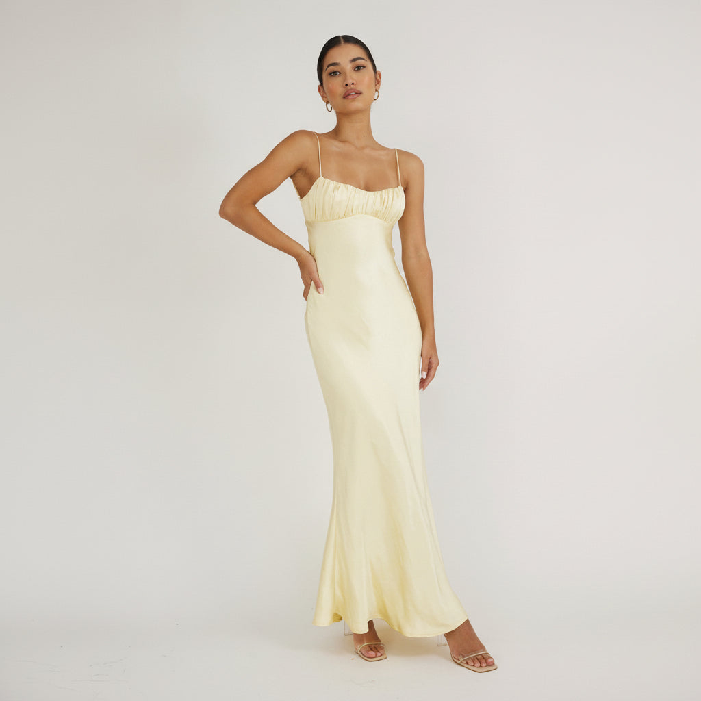 Elegant Strap Lemon Satin Open Back Twist Detailed Maxi Dress EDITE MODE Elegant Strap Lemon Satin Open Back Twist Detailed Maxi Dress EDITE MODE