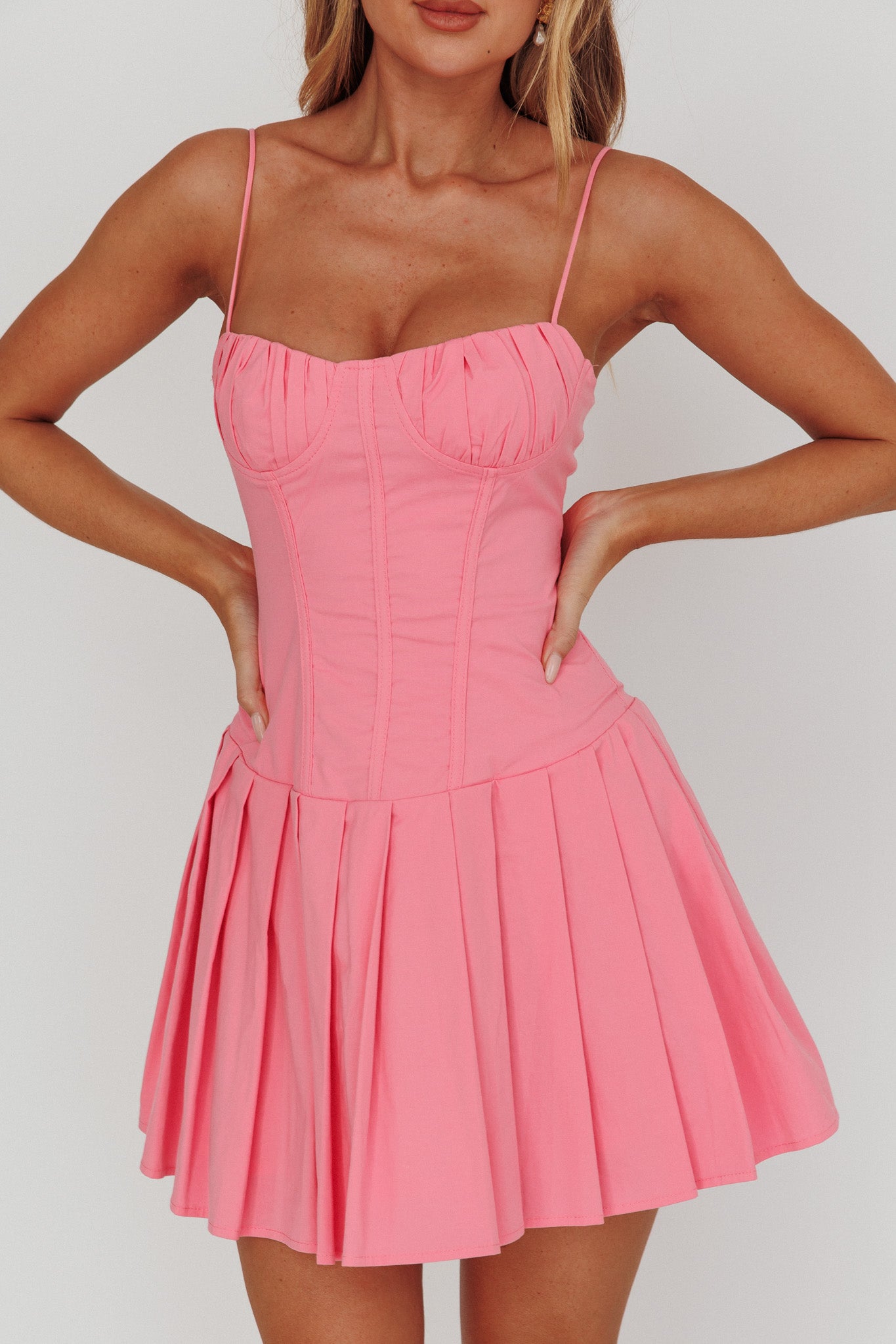 Fashion Strap Pink Boning Detailed Corset Ruffle Layered Dress