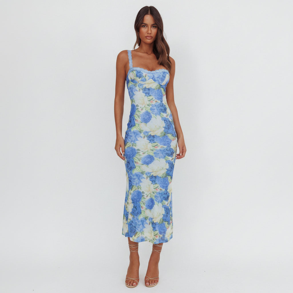 blue floral lace maxi dress Nadine Lace-Up Back Maxi Dress