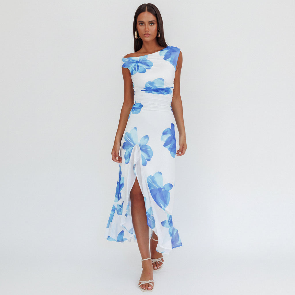 asymmetric ruffle floral printed one shoulder evening dress Long Print Ruffled Formal Dress: Mac Duggal 56120 Black Multi / 2