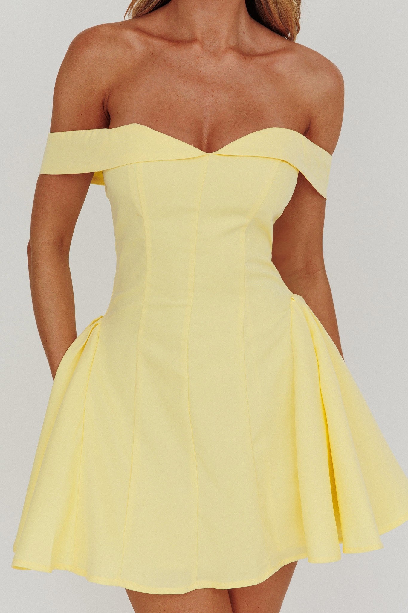 Fashion Off Shoulder Yellow Ruffle Layered Couture Corset Mini Dress