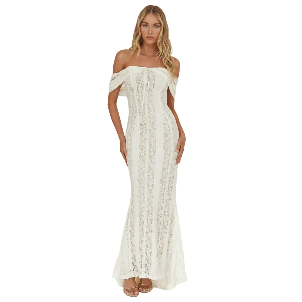Enigma Off-Shoulder Maxi Dress Lace Cream