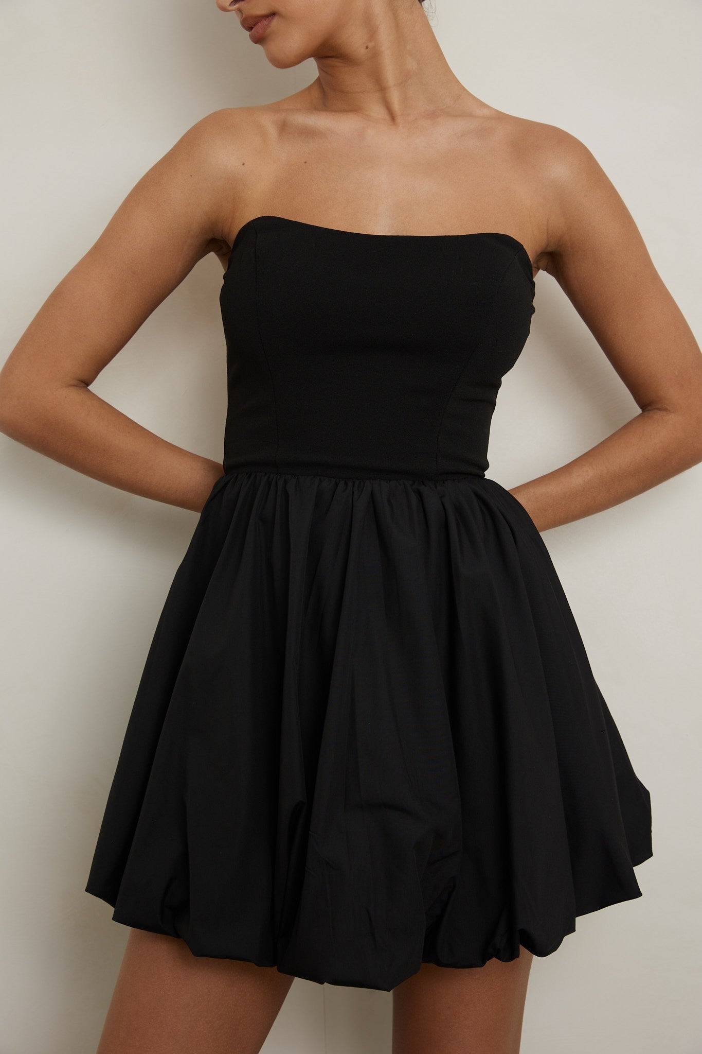 Elegant Strapless Black Boning Detailed Corset Ruffle Bubble Bottom Mini Dress