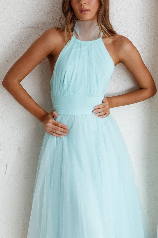Elegant Halter Mint Tulle Maxi Dress Open Back Tie-Up
