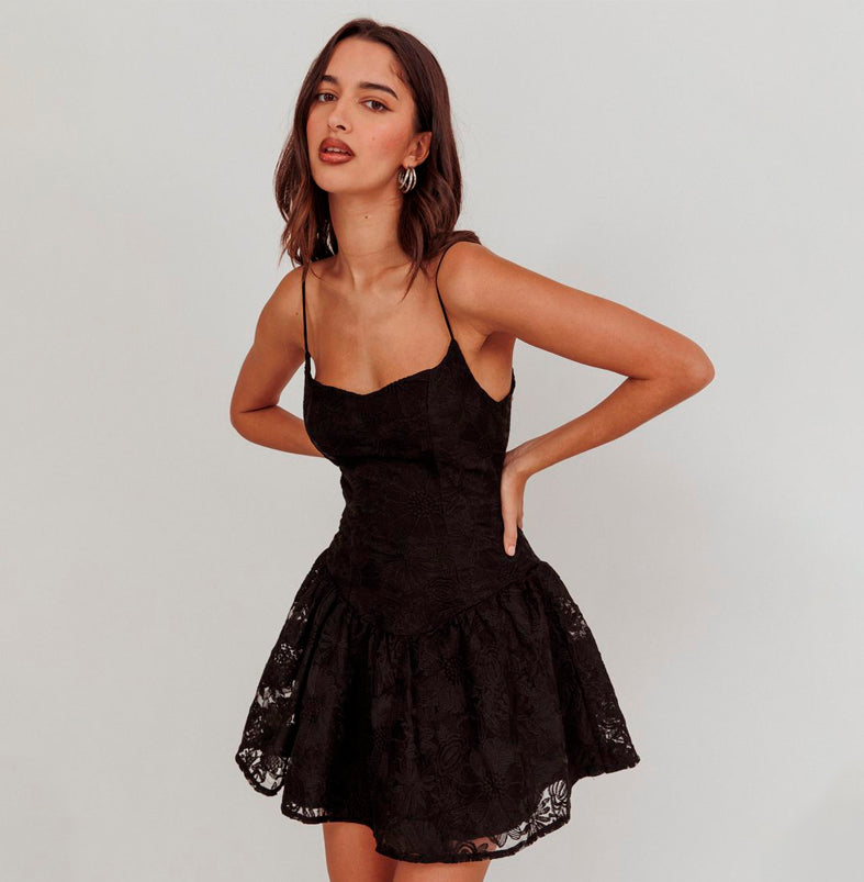 Fashion Strap Black Floral Embroidery Ruffle Corset Mini Dress EDITE MODE Fashion Strap Black Floral Embroidery Ruffle Corset Mini Dress EDITE MODE
