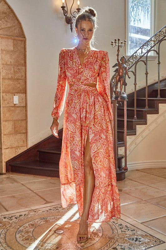 Fashion Red Multi-Color Floral Print V-Neck Ruffle Cut-Out Open Back Maxi Dress with Long Sleeve