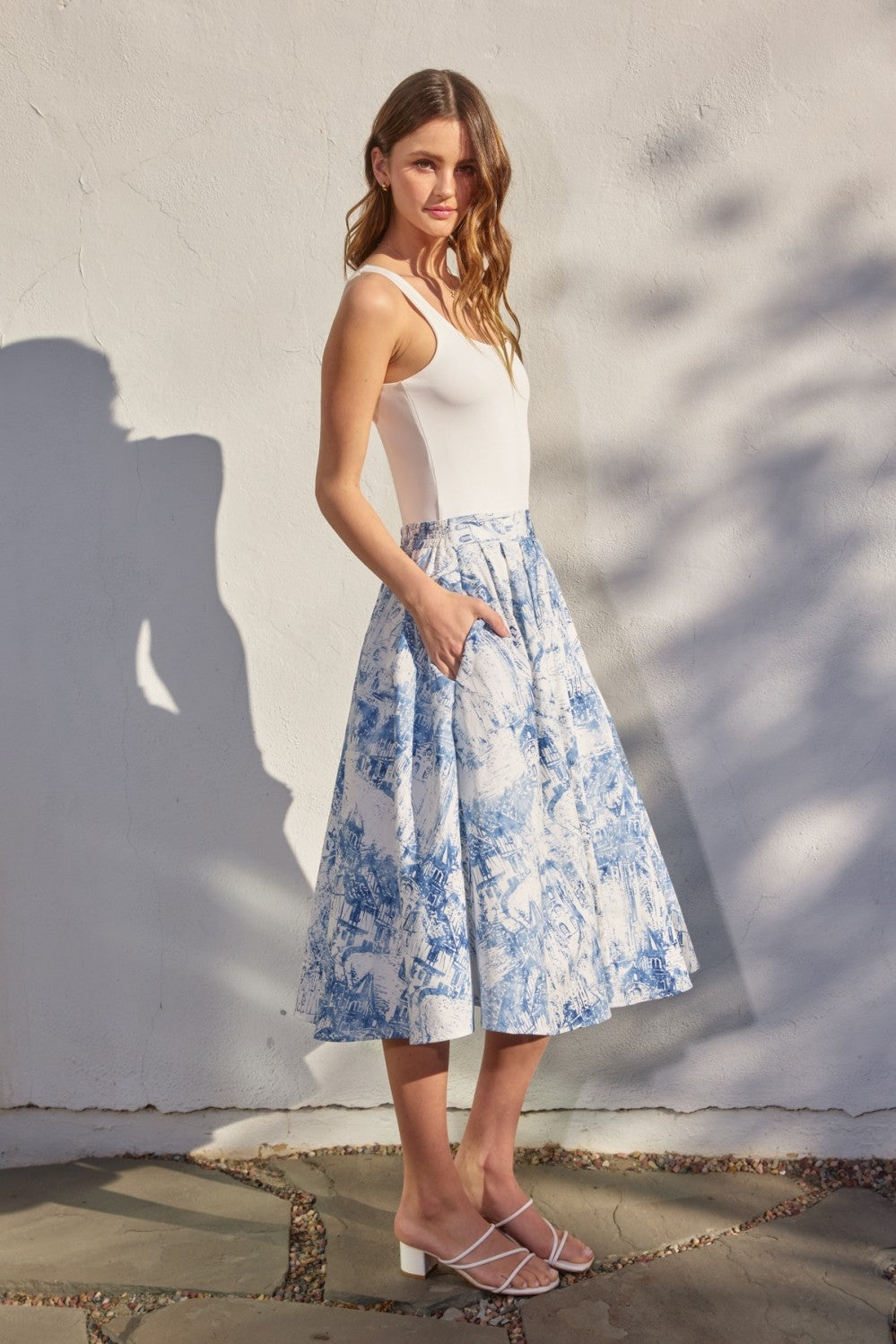 Fashion Summer White Blue Print High Waisted Ruffle Midi Skirt