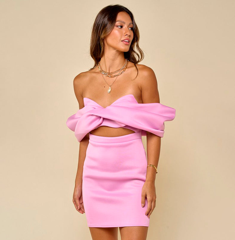 off-shoulder cut-out mini dress Short Off Shoulder Front Ribbon Scuba Mini Dress
