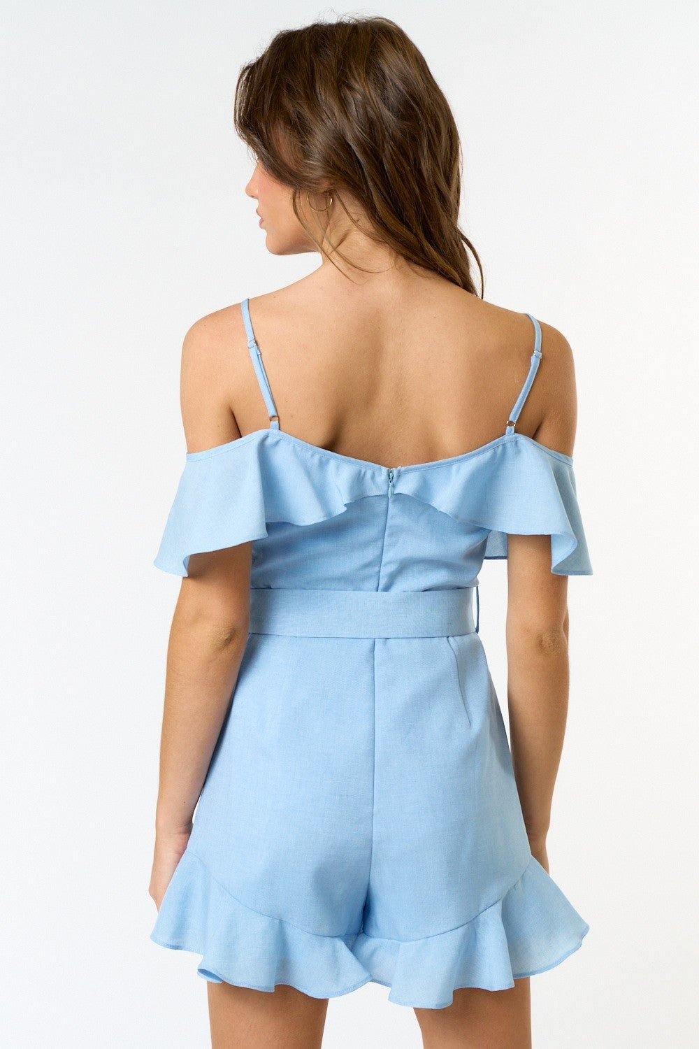 Fashion Summer Strap Light Blue Tie-Up Ruffle Sleeveless Romper