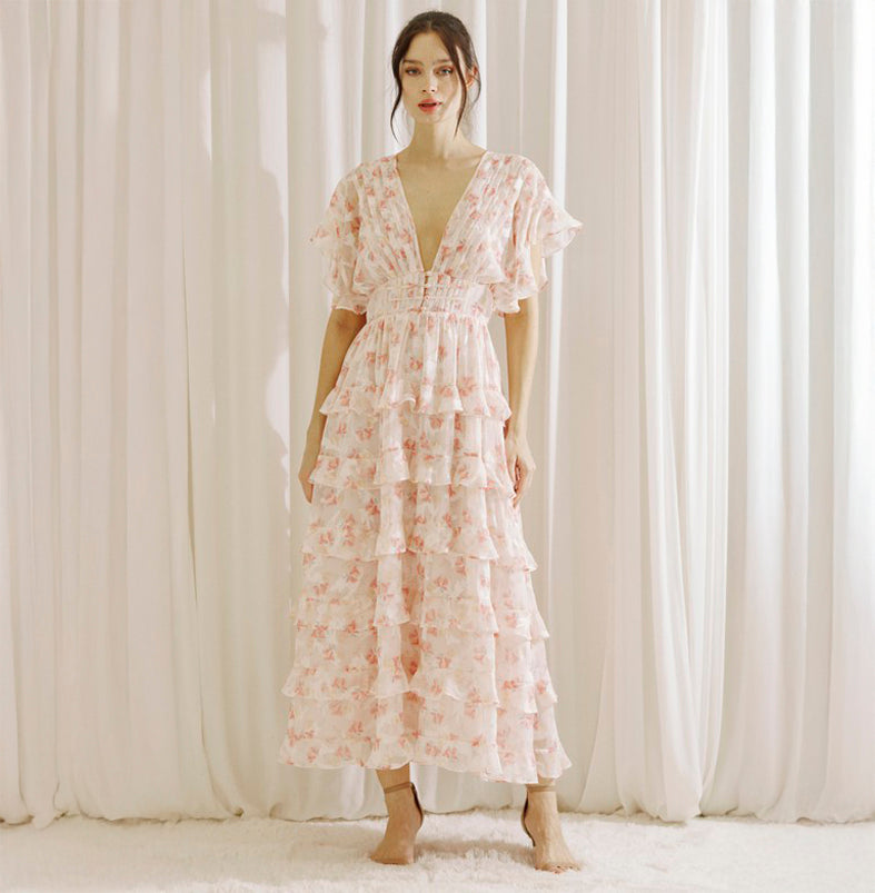 Elegant Pink Orange Floral Print V-Neck Back Tie-Up Layered Ruffle Mid EDITE MODE Elegant Pink Orange Floral Print V-Neck Back Tie-Up Layered Ruffle Mid EDITE MODE