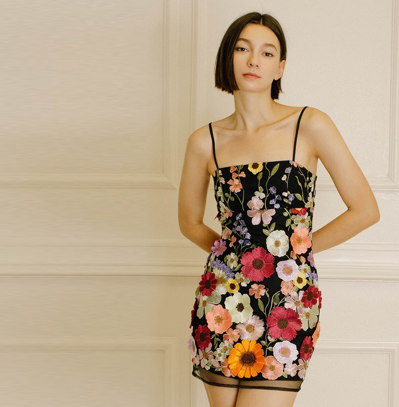 Fashion Black Multi-Color Floral Embroidery Bodycon Strap Mini Dress