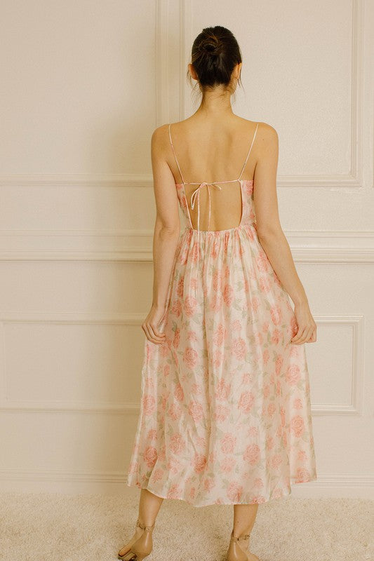 Elegant Pink Multi-Color Floral Print Satin V-Neck Ruffle Midi Dress