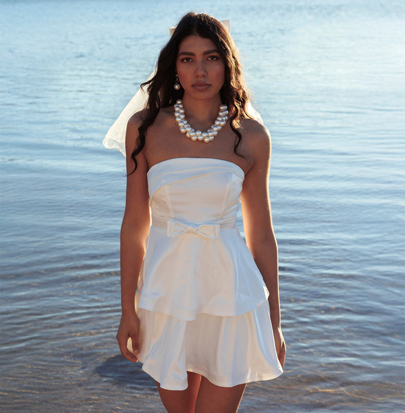 satin ruffle strapless dress A-line Stapless Stretch Satin Ruffle Corset Prom Dress with Leaf Lace Slit S8257P - Prom Dresses