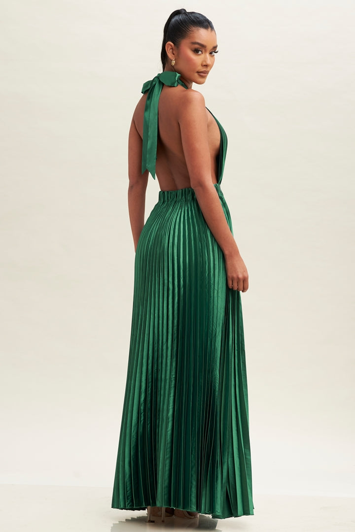 Elegant Halter Hunter Green Pleated Deep V-Neck Open Back Tie-Up Satin Maxi Dress