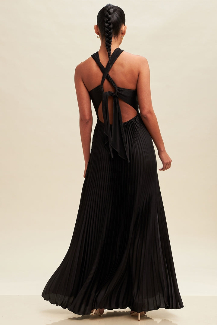 Elegant Cross Over Black Pleated V-Neck Back Tie-Up Satin Maxi Dress