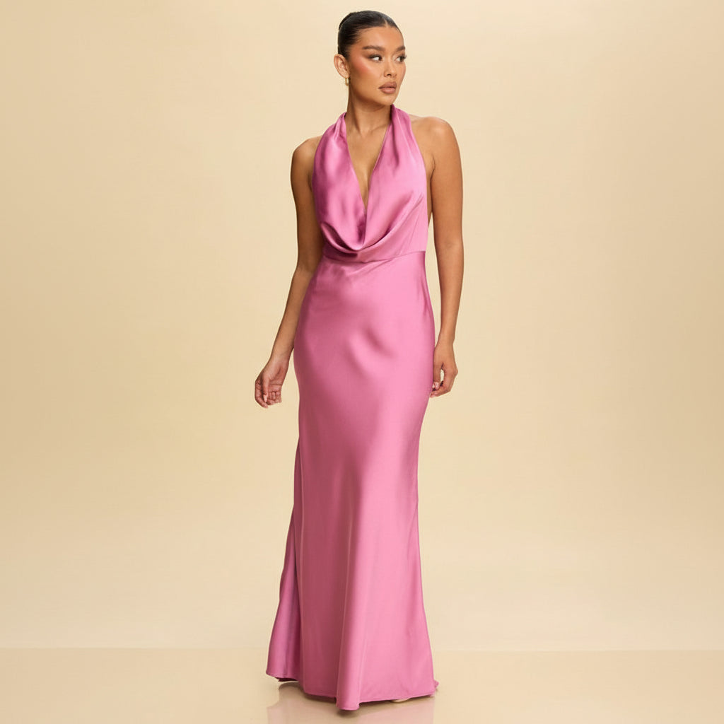 Elegant Halter Orchid Satin Ruffle V-Neck Maxi Dress L / Orchid Elegant Halter Orchid Satin Ruffle V-Neck Maxi Dress L / Orchid