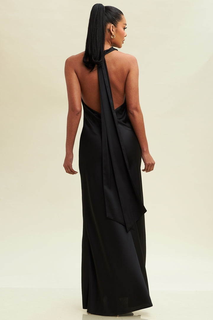 Elegant Halter Black Satin Ruffle V-Neck Maxi Dress