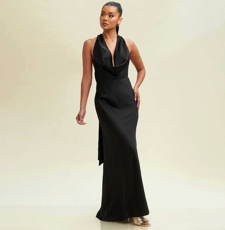 Elegant Halter Black Satin Ruffle V-Neck Maxi Dress EDITE MODE Elegant Halter Black Satin Ruffle V-Neck Maxi Dress EDITE MODE