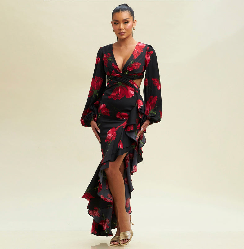 Elegant Black Satin Multi-Color Floral Print Cut Out Ruffle V-Neck Side Slit Maxi Dress with Bell Sleeve L / Black Elegant Black Satin Multi-Color Floral Print Cut Out Ruffle V-Neck Side Slit Maxi Dress with Bell Sleeve L / Black