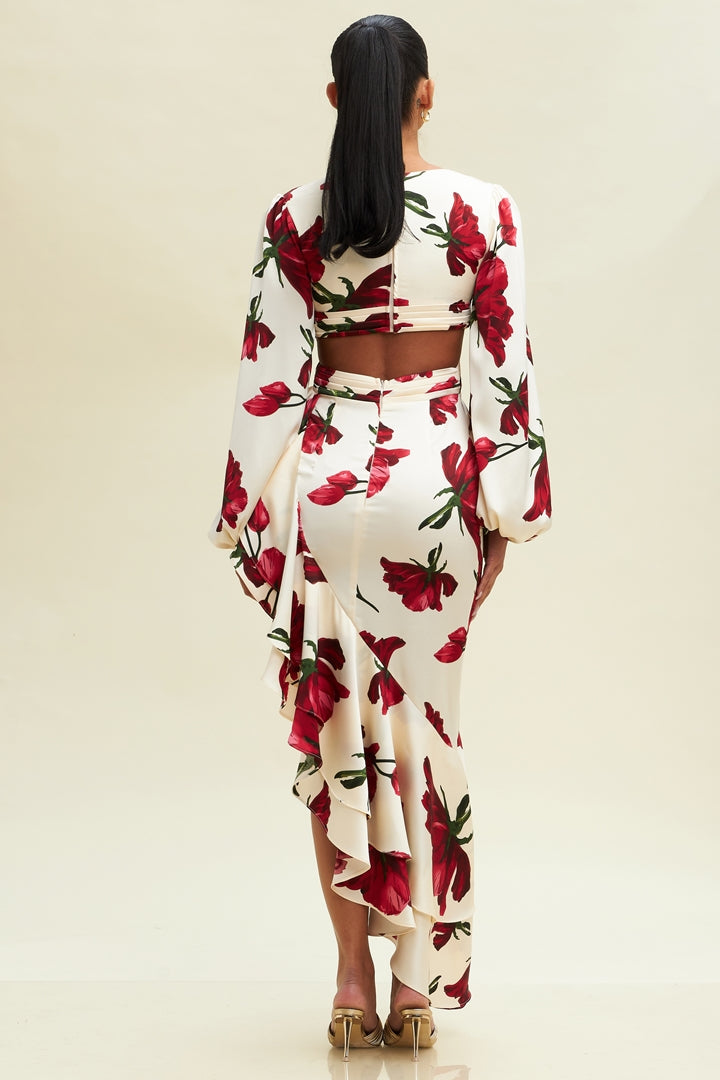 Elegant Ivory Satin Multi-Color Floral Print Cut Out Ruffle V-Neck Side Slit Maxi Dress with Bell Sleeve