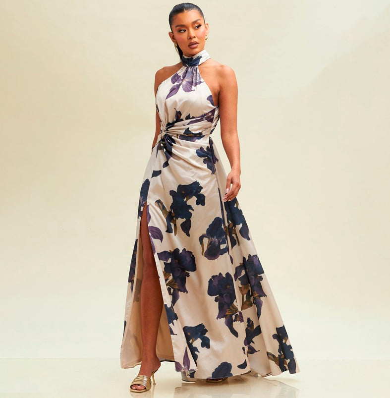 Elegant Halter Taupe Multi-Color Floral Print Satin Open Back Ruffle Maxi Dress with Middle Slit M / Taupe Elegant Halter Taupe Multi-Color Floral Print Satin Open Back Ruffle Maxi Dress with Middle Slit M / Taupe