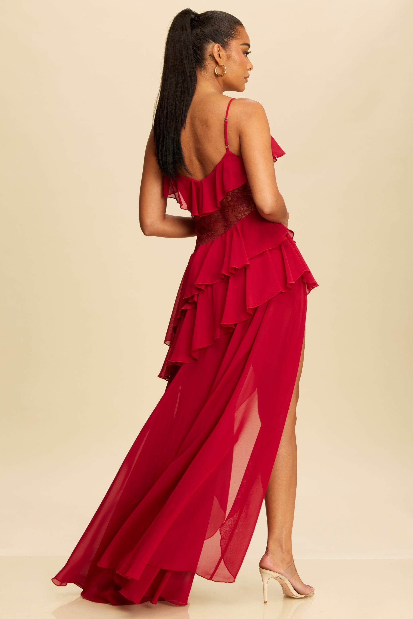 Elegant Strap Tiered Ruffle Wine Lace Detailed Maxi Dress with Middle Slit