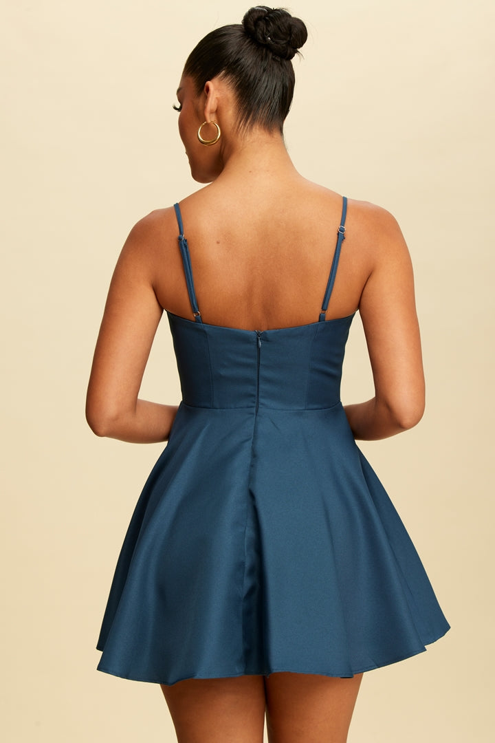 Elegant Teal Strap Couture Corset Ruffle Dress