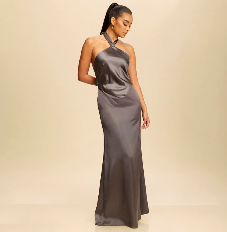 Satin Halter Neckline Backless Maxi Dress Elegant Halter Charcoal Satin Maxi Dress Open Back Tie-Up M / Charcoal Satin Halter Neckline Backless Maxi Dress Elegant Halter Charcoal Satin Maxi Dress Open Back Tie-Up M / Charcoal