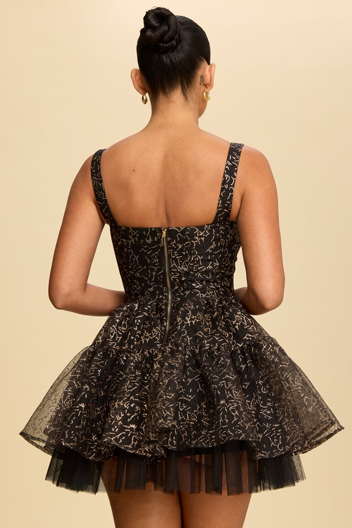 Elegant Black Strap Gold Glitter Detailed Layered Puffy Ruffle Dress