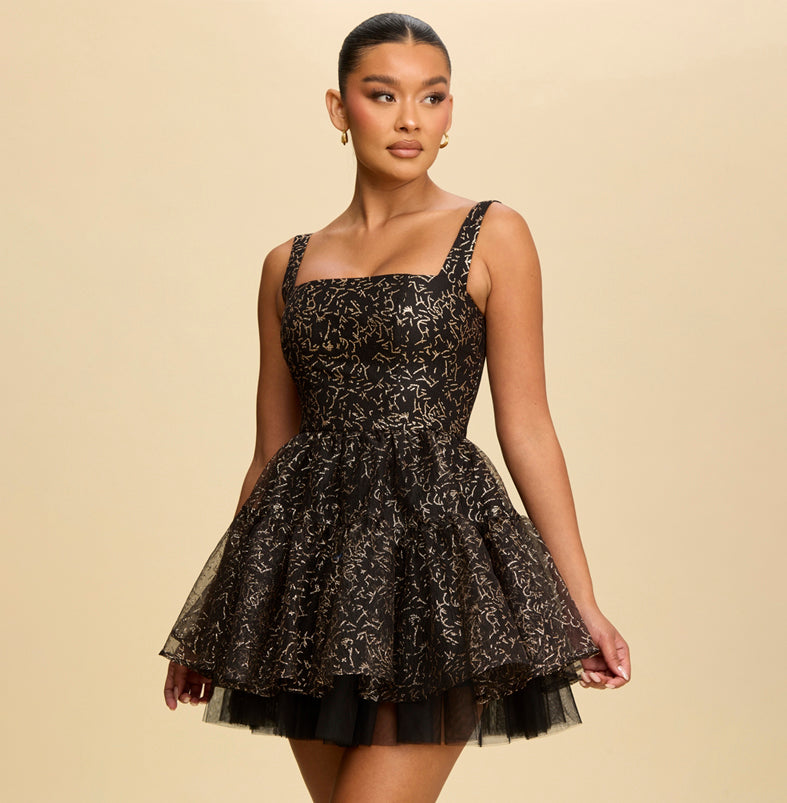 Elegant Black Strap Gold Glitter Detailed Layered Puffy Ruffle Dress M / Black Elegant Black Strap Gold Glitter Detailed Layered Puffy Ruffle Dress M / Black