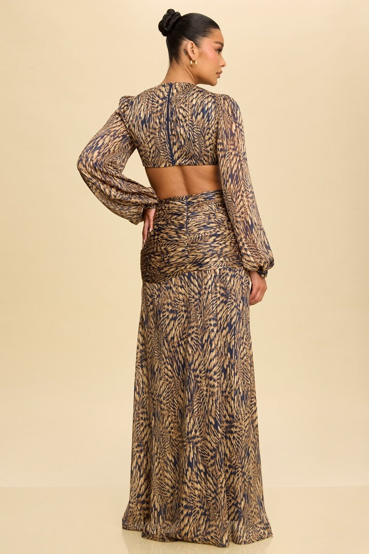 Elegant Navy Multi-Color Print V-Neck Crystal Detailed Ruffle Cut-Out Open Back Maxi Dress with Long Sleeve