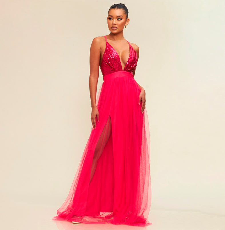 Elegant Fuchsia Sequence Strap Deep V-Neck Maxi Gown M / Fuchsia Elegant Fuchsia Sequence Strap Deep V-Neck Maxi Gown M / Fuchsia