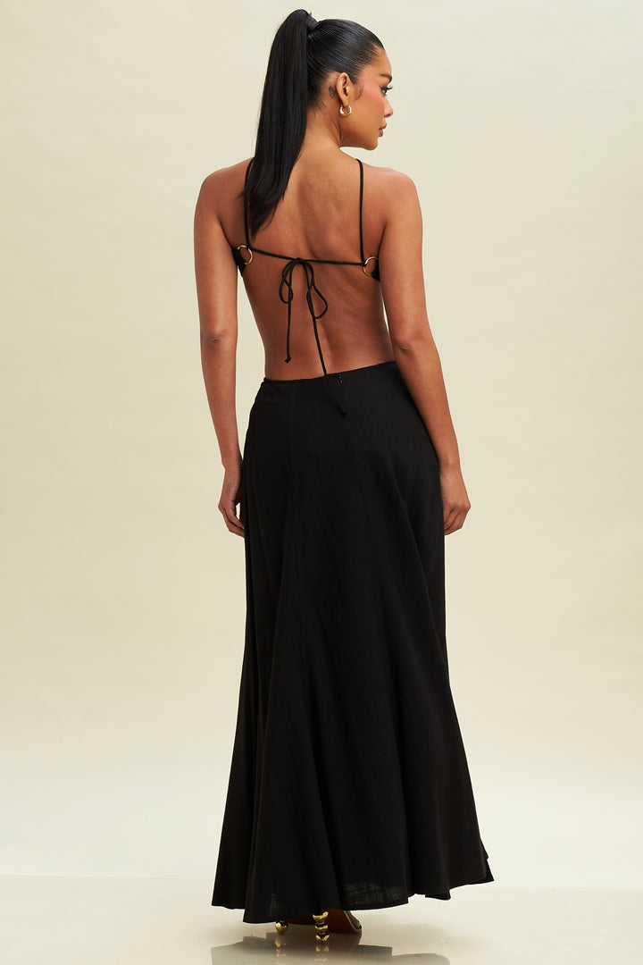 Fashion Summer Black Sleeveless Cut Out Open Back Tie-Up Maxi Dress