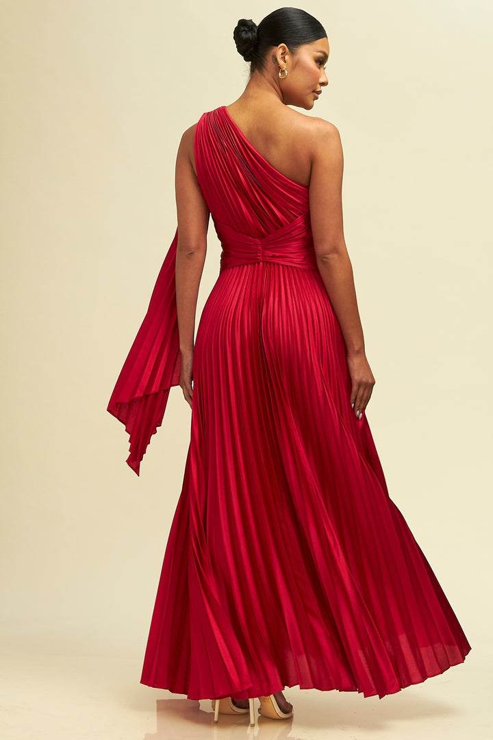 Elegant One Shoulder Red Pleated Satin Maxi Dress