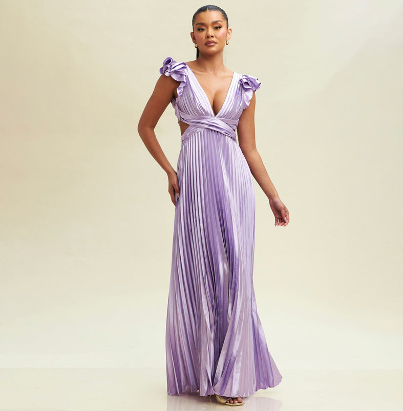 Elegant Lavender Pleated Band Detailed V-Neck Ruffle Back Tie-Up Satin Maxi Dress L / Lavender Elegant Lavender Pleated Band Detailed V-Neck Ruffle Back Tie-Up Satin Maxi Dress L / Lavender