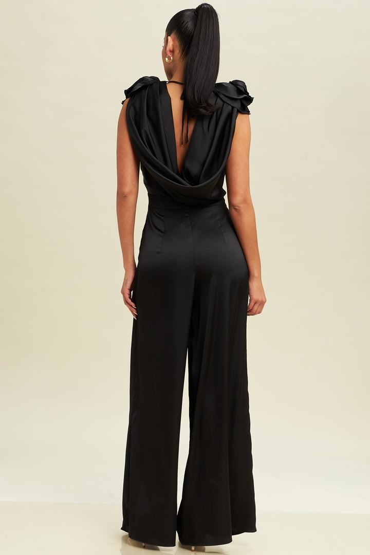 Elegant Black Satin Ruffle V-Neck Jumpsuit with Flowers Sleeve Detailed