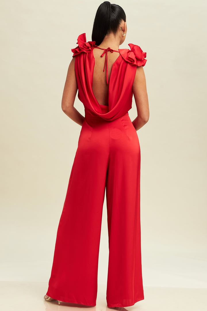 Elegant Red Satin Ruffle V-Neck Jumpsuit with Flowers Sleeve Detailed