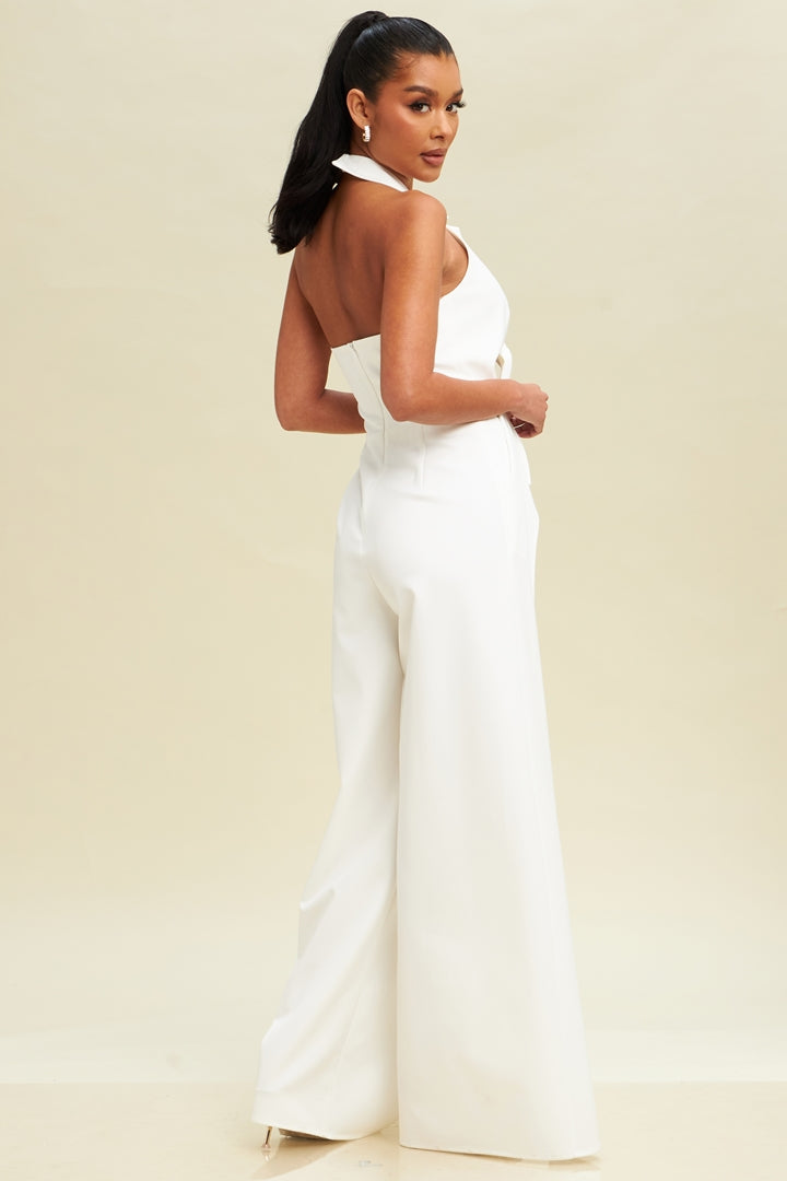 Elegant Halter Front Tie-Up Cut Out White Jumpsuit