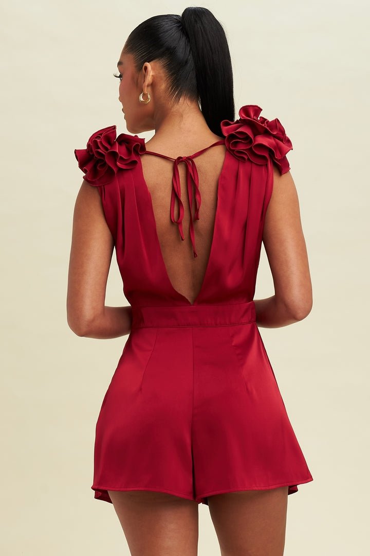 Elegant Wine Satin Ruffle V-Neck Romper with Flowers Sleeve Detailed
