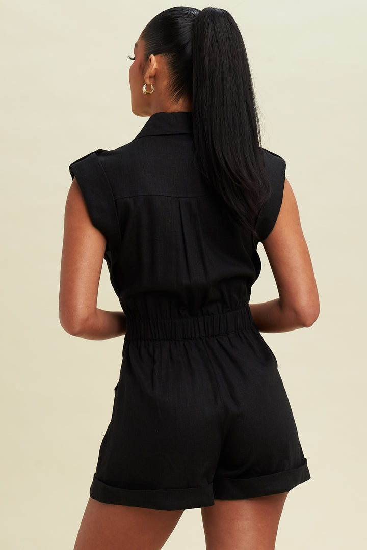 Fashion Summer Black Button Down Sleeveless Tie-Up Romper