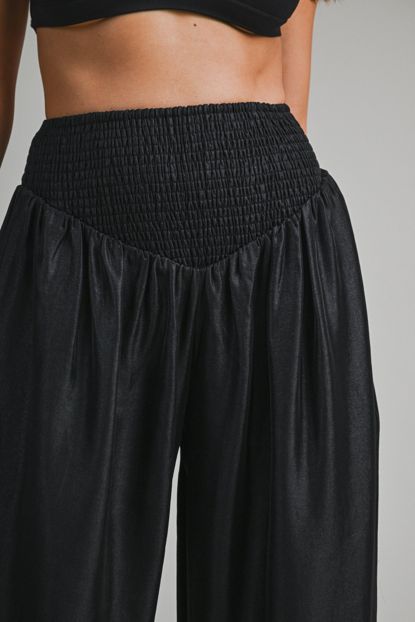 Elegant Black Satin Elastic High Waisted Balloon Pants