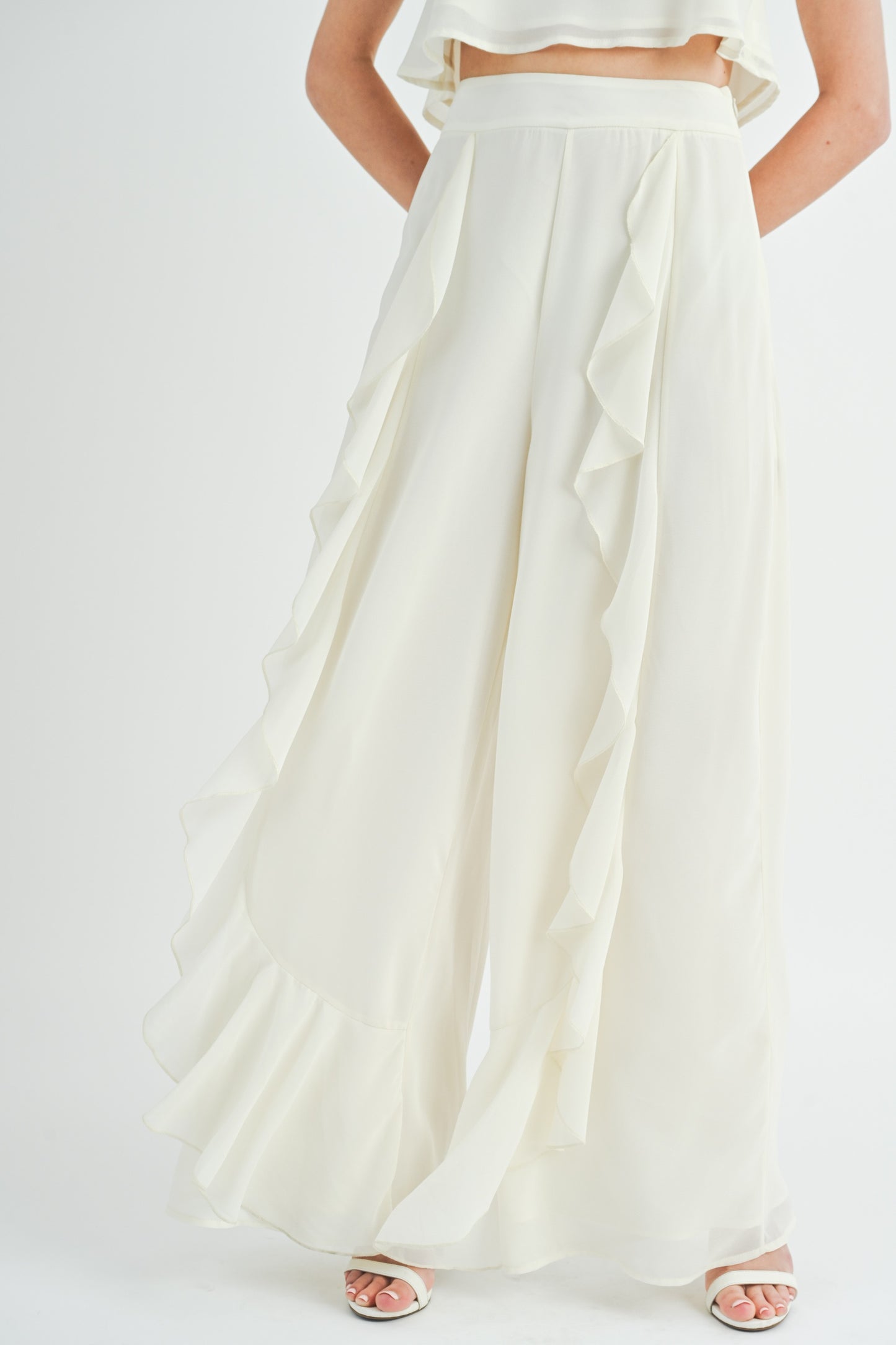 Fashion Cream High Waisted Ruffle Wide Leg Palazzo Pants