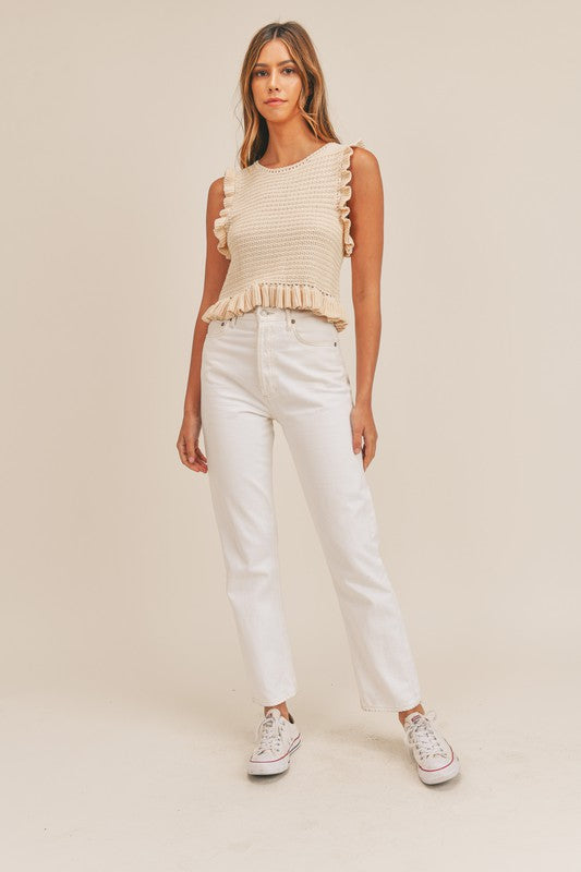 Elegant Taupe Knit Crochet Ruffle Sleeveless Top