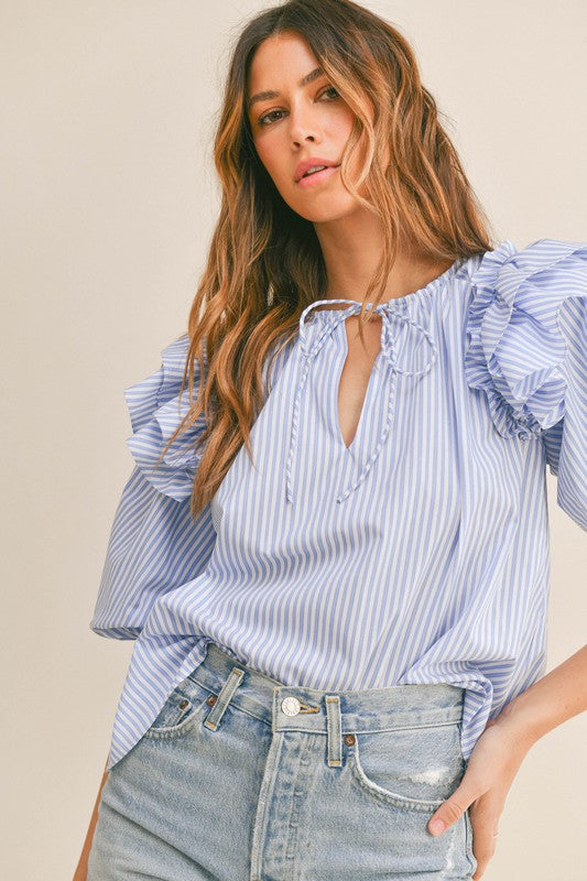 Elegant Blue Marine Front Tie-Up Blouse with Ruffle Puffy Sleeve