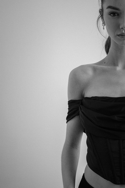 Elegant Off Shoulder Black Satin Boning Detailed Corset Crop Top