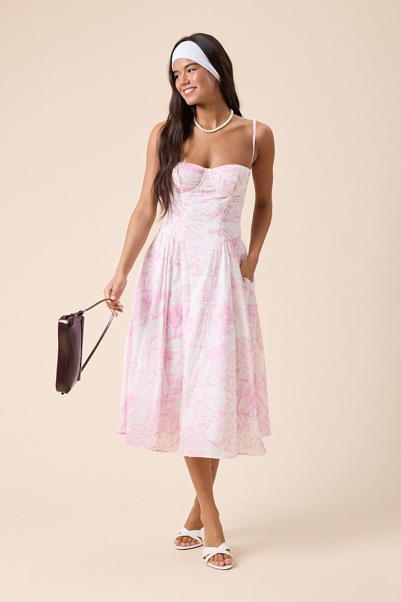 Elegant Summer Strap White Pink Print V-Neck Corset Ruffle Midi Dress