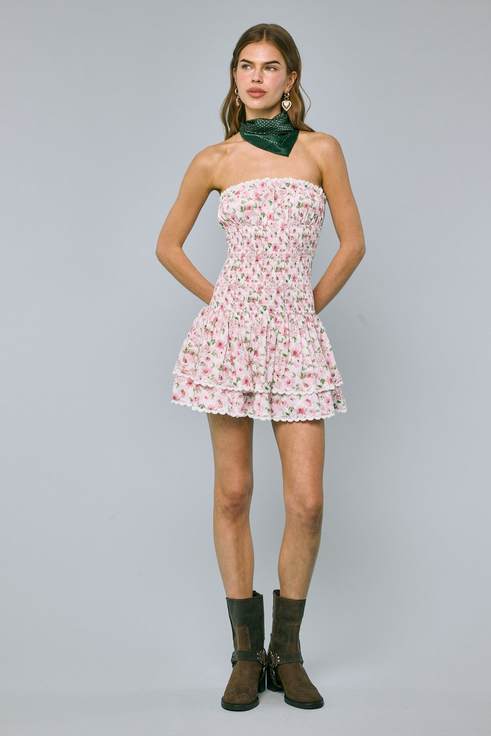 Fashion Summer Strapless Pink Floral Print Elastic Ruffle Layered Lace Detailed Tube Mini Dress